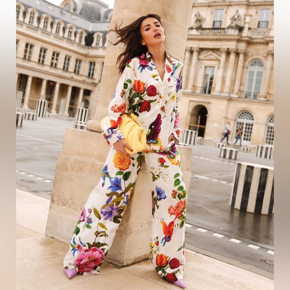 New WEEKEND MAX MARA Calaia Silk Printed Pajama Shirt + Neo Wide Leg Pants SET
